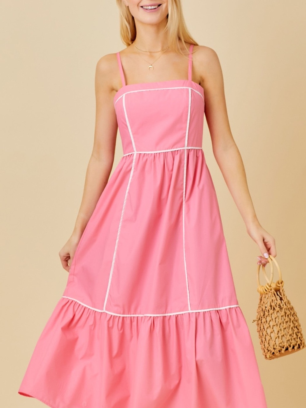 Pink Square-Neck Tiered Midi Dress with White Contrast